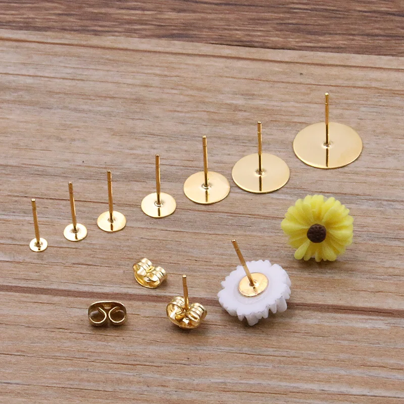 Pendientes de acero inoxidable de 2 colores, 50-100 piezas, pasadores con Base de poste en blanco, con tapón trasero para la oreja, para fabricación de joyas DIY