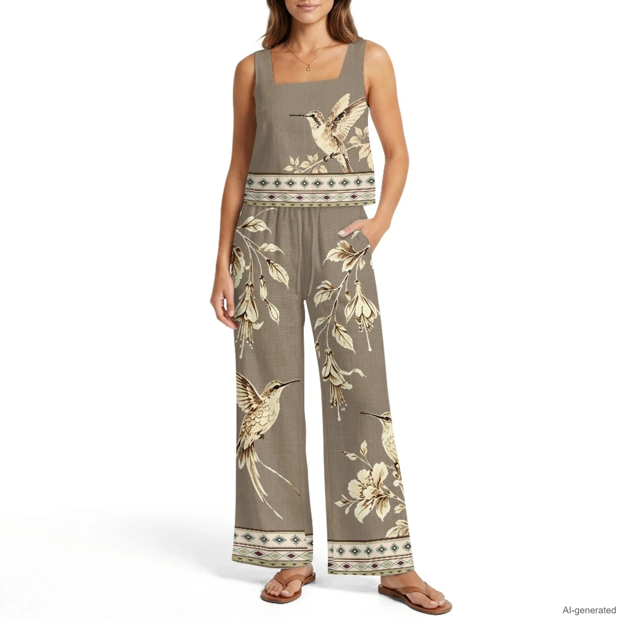 INSTANTARTS Women's Vest Wide-Leg Pants Linen Suit 2Pc Summer Casual Outfits Hummingbird Sleeveless Vest Wide Leg Pants S-2XL