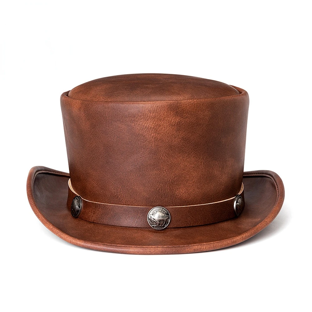 

European PUnk Fedora Cap for Women Men Cosplay Magic Top Hat PU Leather Brown Unisex Adult Party Steampunk Fedoras Chapeu Gorra