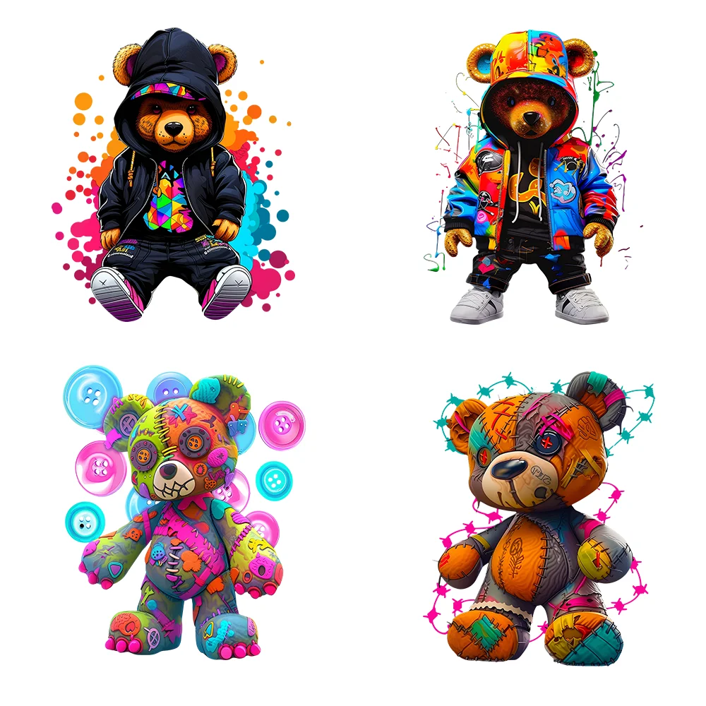 4 قطع من ملصقات نقل الحرارة على شكل الدب الكرتوني العصري، ملصقات نقل الكي DIY، مناسبة للقمصان والجينز وحقائب الظهر والقبعات