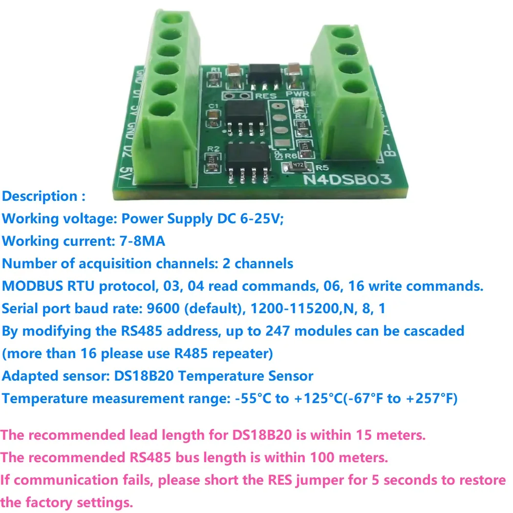 

DS18B20 Sensor Adapter Board HMI PLC Analog Input Remote IO Module 2CH RS485 Modbus -55 to +125C Temperature Collector