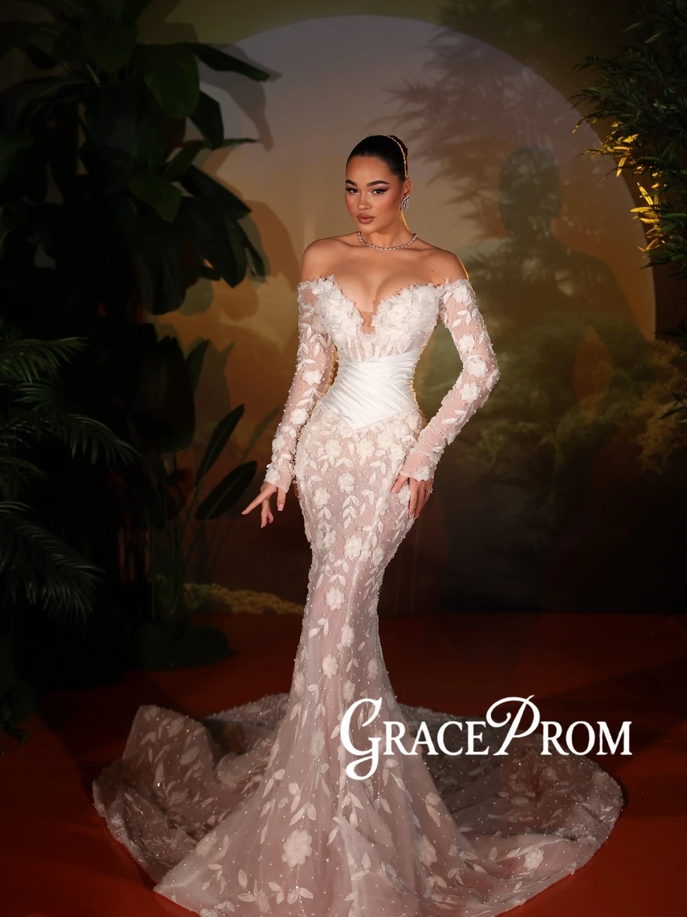 2026 New Off Shoulder Deep V Wedding Dress 3D Floral Lace Delicate Pearls Customized Bridal Gown Romantic Illusion 2 in 1 Wear