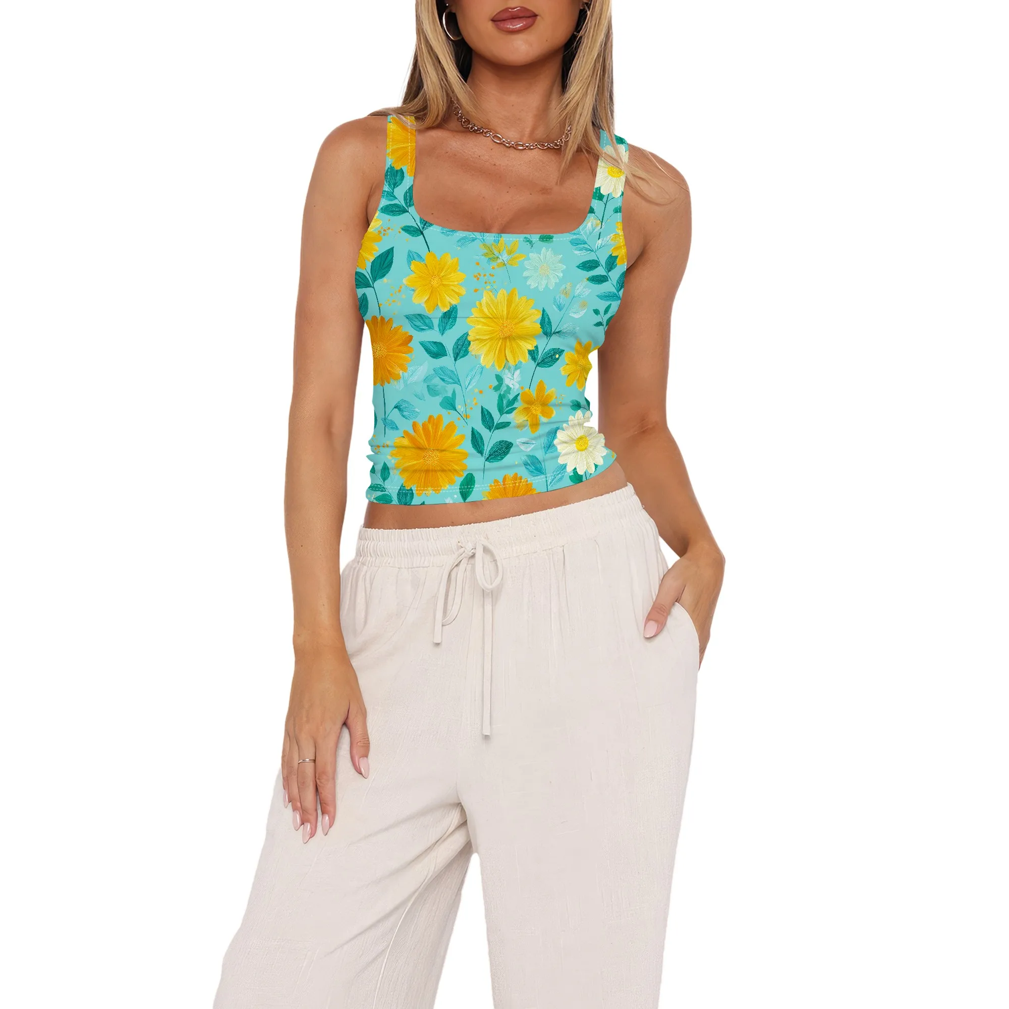 Tank Top Leher Persegi Musim Panas Wanita Ratu Pakaian Tanpa Lengan Kamisol Musim Panas Berusuk Potongan Latihan 2025