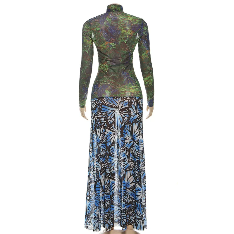 Frauen Mode Druck Sheer Meh Patchwork Aushöhlen Maxi Kleid Sexy Rollkragen Volle Hülse Bodycon Hohe Schlitz Party Lange Robe