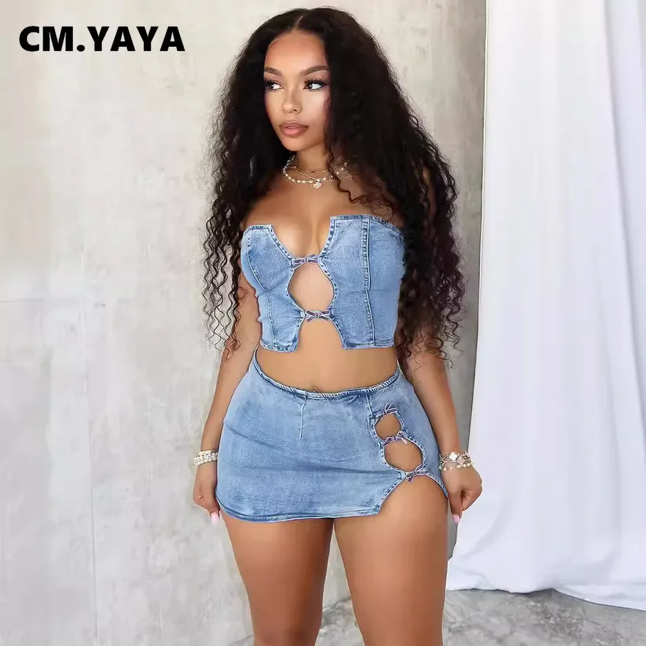 CM.YAYA Women Set Sleeveless Denim Strapless Tops and Mini Skirt Suits 2024 Sexy Hollow Out Beach Street Two 2 Piece Set Outfits