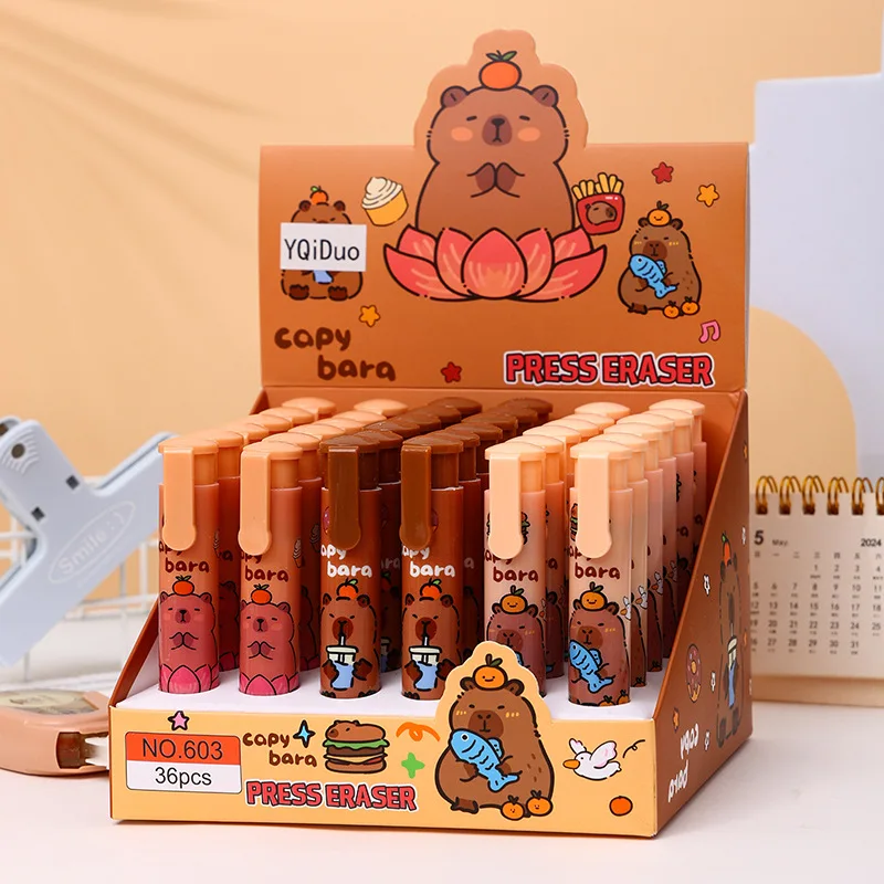 36Pcs Kawaii Capybara Eraser Pen Stick for Kids Cute Writing Drawing Student Pencil Stationery Girls Gifts Office Supplies