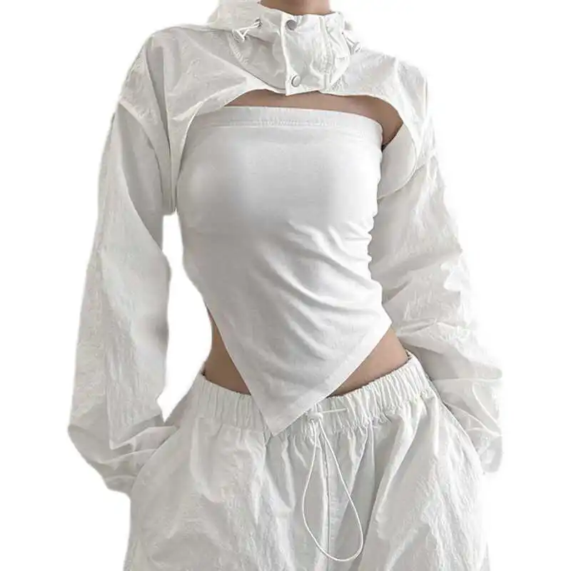 

New Summer ort Pure Color Stand Collar Hooded Sun Protection Outerwear oulder awl Korean Sle Polyester Fiber Youth Size