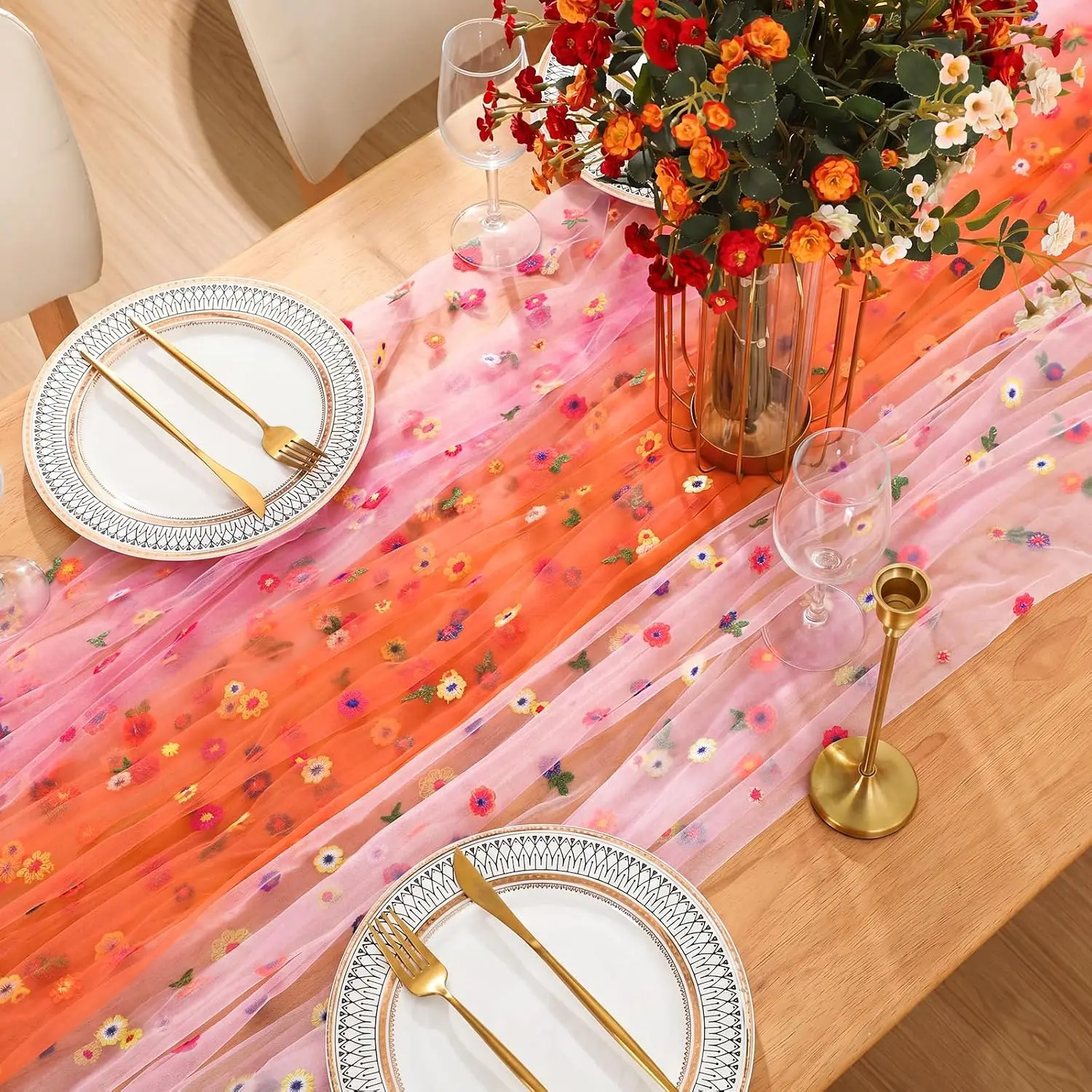 3Pcs Pink Orange Party Table Runner Sheer Daisy Sunset Soiree Party Gauze Lace Fabric for Wedding Birthday Baby Bridal Shower
