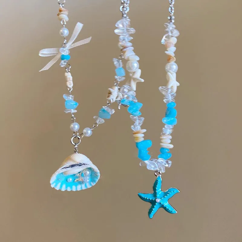 

Blue Ocean Beach Charm Necklace for Women – Starfish & Seashell Beaded Jewelry, Summer Coastal Style