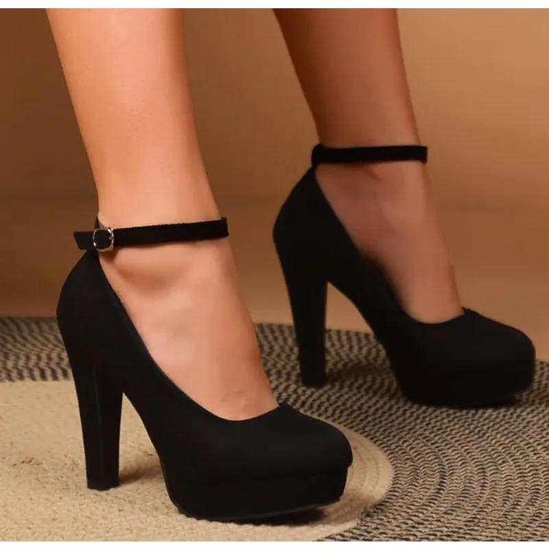 

New Fashion Black Outdoor Dress Ankle Strap Bukle Strap Women's Pumps Round Toe Thin Heel Shoes for Women High Heel Shallow Shoe
