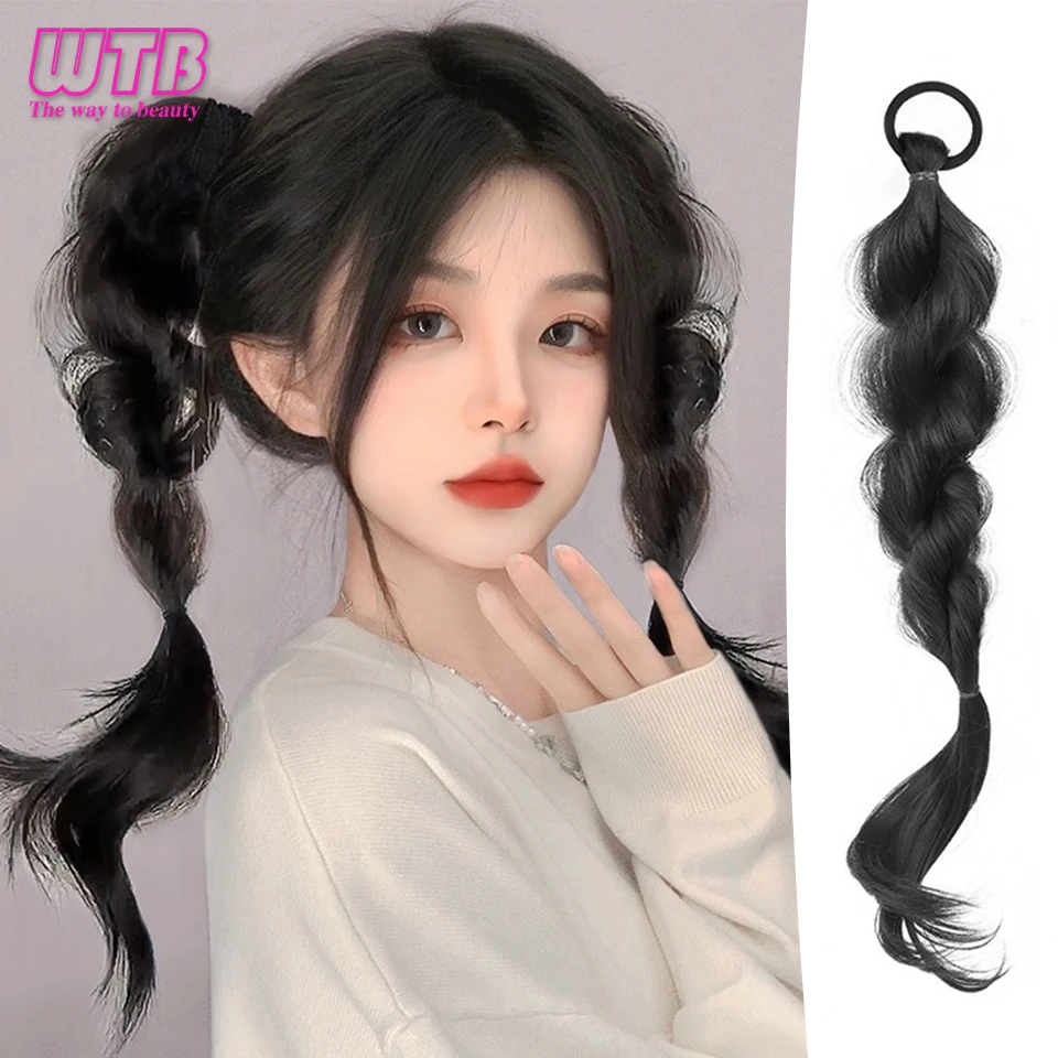 WTB Synthetic Bubble Braid Double Ponytail Fuffy Imitation Fried Dough Twists Braid Ponytail Wig For Women