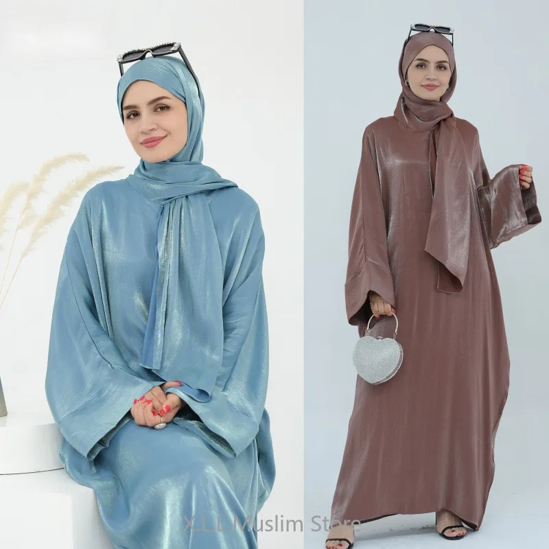 Modest Elegant Eid Ramadan Muslim Party Kaftan Satin Khimar Abaya Woman Female Dresses Women\'s Clothing Ropa Musulmana Turca