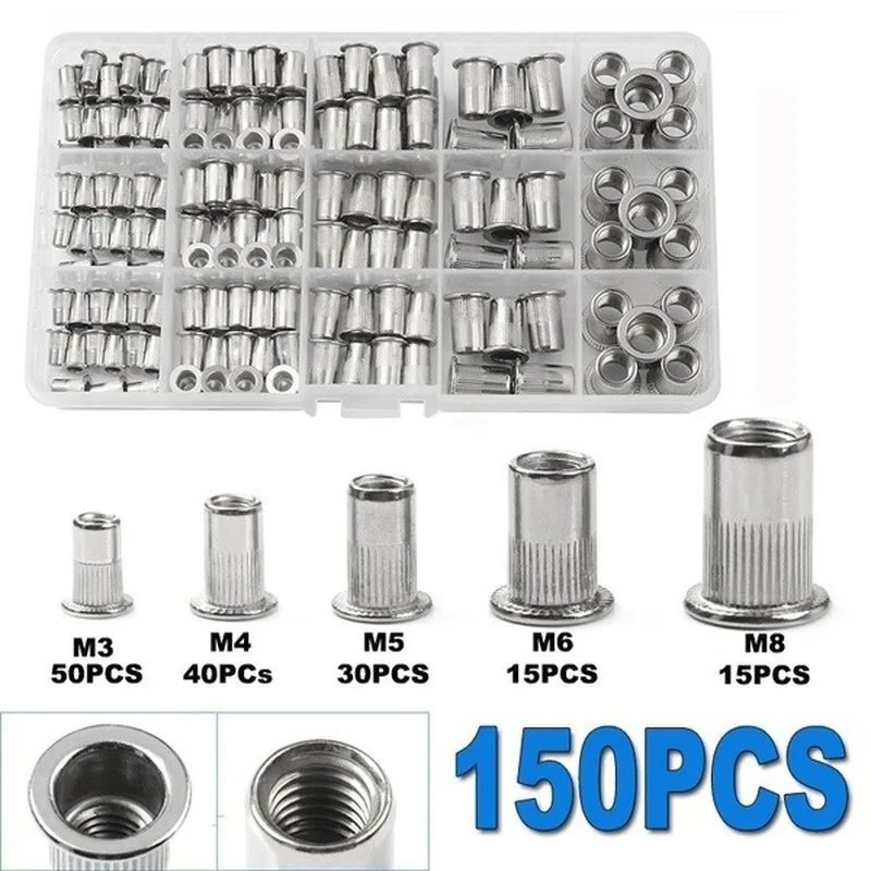 150PCS M3/M4/M5/M6/M8 Hand Riveter Nut Rivet Gun Kit Stainless Steel Insert Nut Rivet CapThreaded Nuts Repair Tools Kit