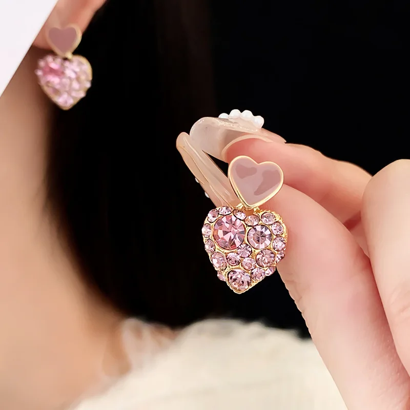 Gold Plating Rhinestone Pink Heart Drip Stud Earrings for Women Fashion Simple Versatile Earring Silver Needle Jewelry Wholesale image 2