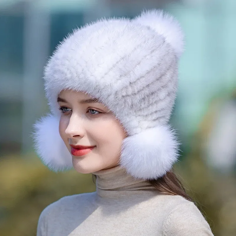 Gran oferta de invierno, gorro de piel auténtica de visón para mujer, gorro cálido con orejas de piel de visón tejido, gorros en espiral con pompón de piel de zorro en la parte superior