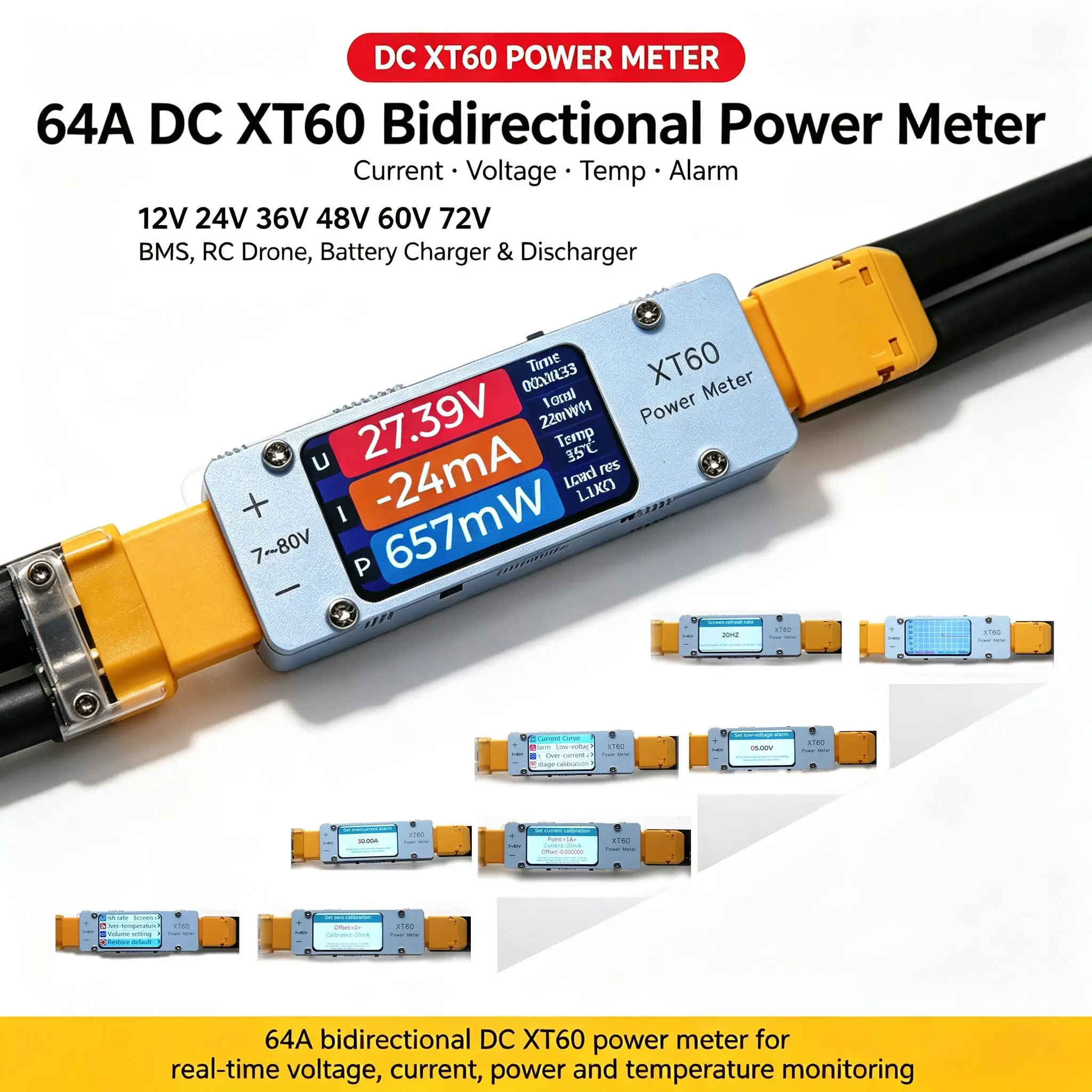 DYKB 64A XT60 Power Meter Bidirectional Current Voltage Temp Alarm 12-72V BMS RC Drone Battery Charger Discharger Power Analyzer