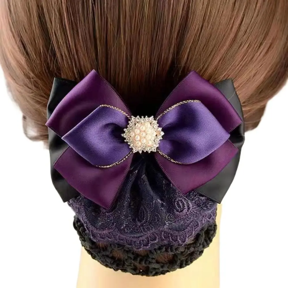 Vintage Pearl Bowknot Spring Clip Rhinestone Korean Style Bun Snood Ribbon Hair Accessories Nurse Hair Clip Girls