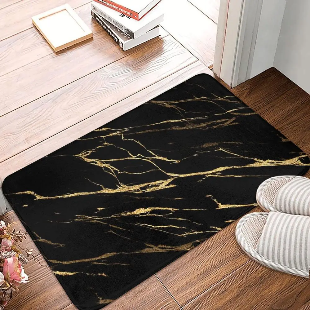 Black and Gold Marble Absorbent Bath Rug Non-Slip Floor Rug Carpets for Kitchen Bathroom Laundry Bedroom Living Room