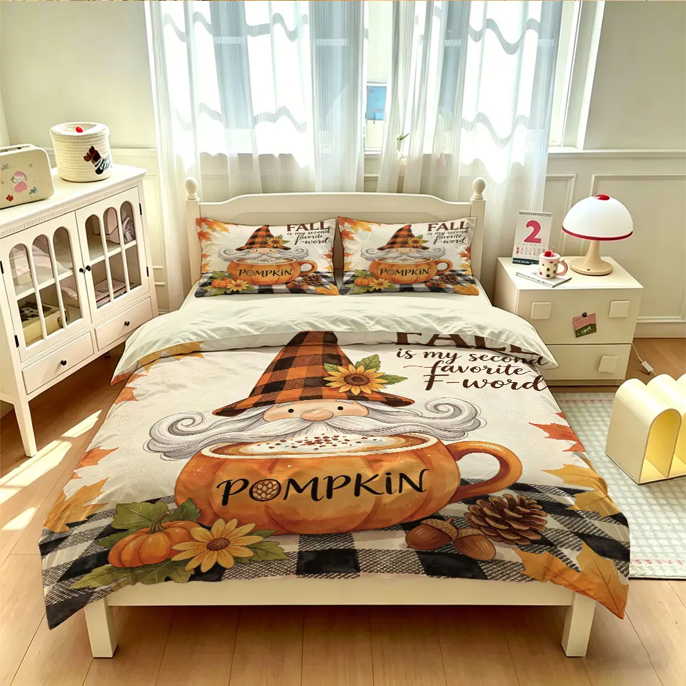 3pcs(1 duvet cover + 2 pillowcases, coreless)featuring a Fall pumpkin cup plaid pattern, a dwarf decorative multiple sizes