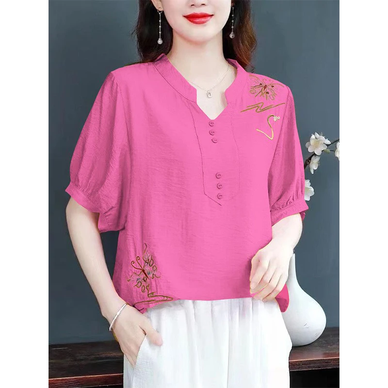 Spring Loose Casual Cotton Linen Embroidery Shirt Female Short Sleeve Vintage V-neck Pullover Top Women Fashion All-match Blouse