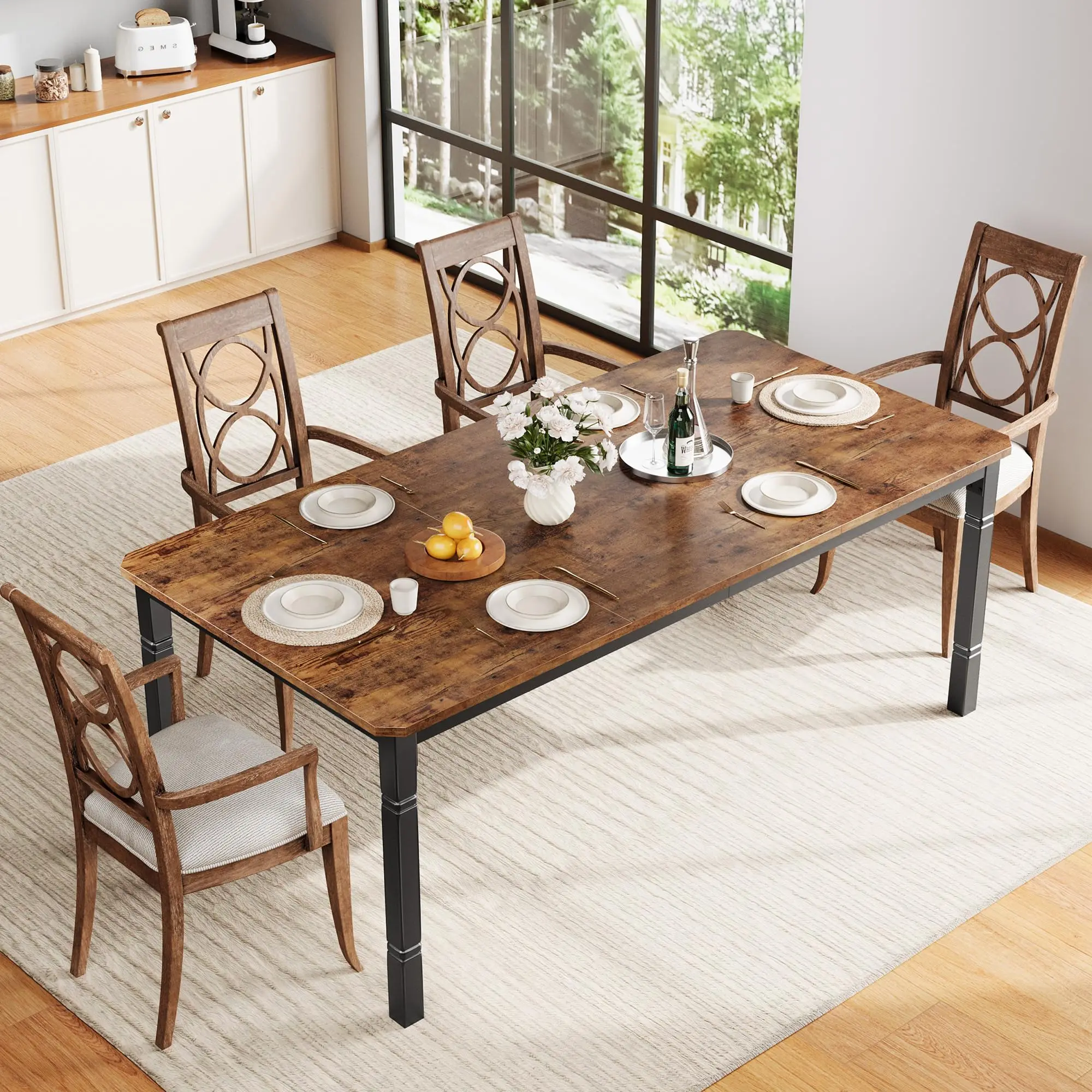 71 Inch Dining Table For 6-8 People, Large Rectangular Wood Kitchen Table With Heavy Duty Metal Frame For Dining Room, Home Office