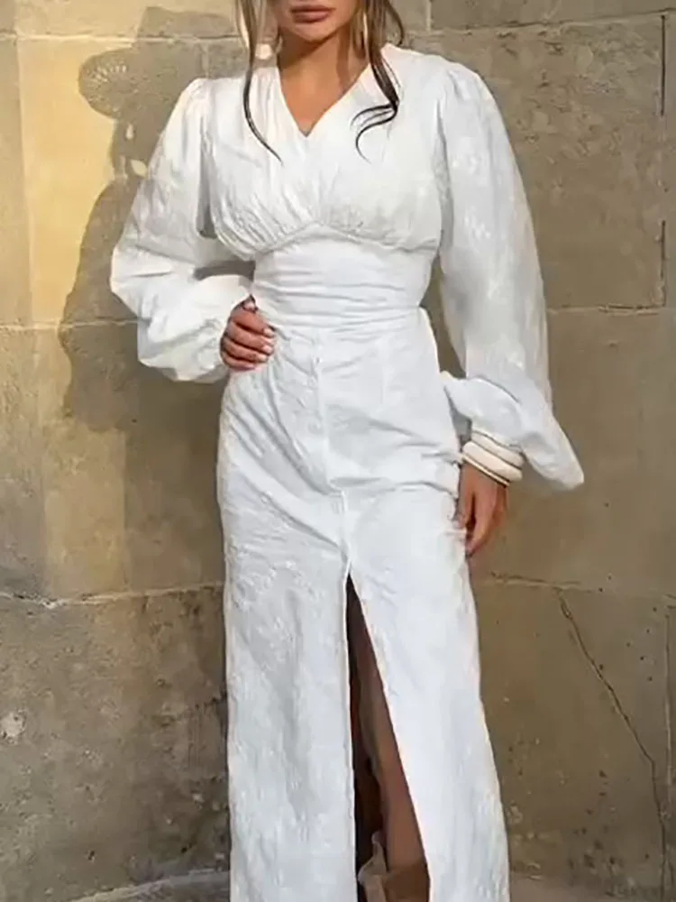 

Chic Solid Color High Waist Split Women's Dress 2025 Elegant Jacquard Beach Maxi Dress Autumn Vacation V-neck Long Sleeved Dress