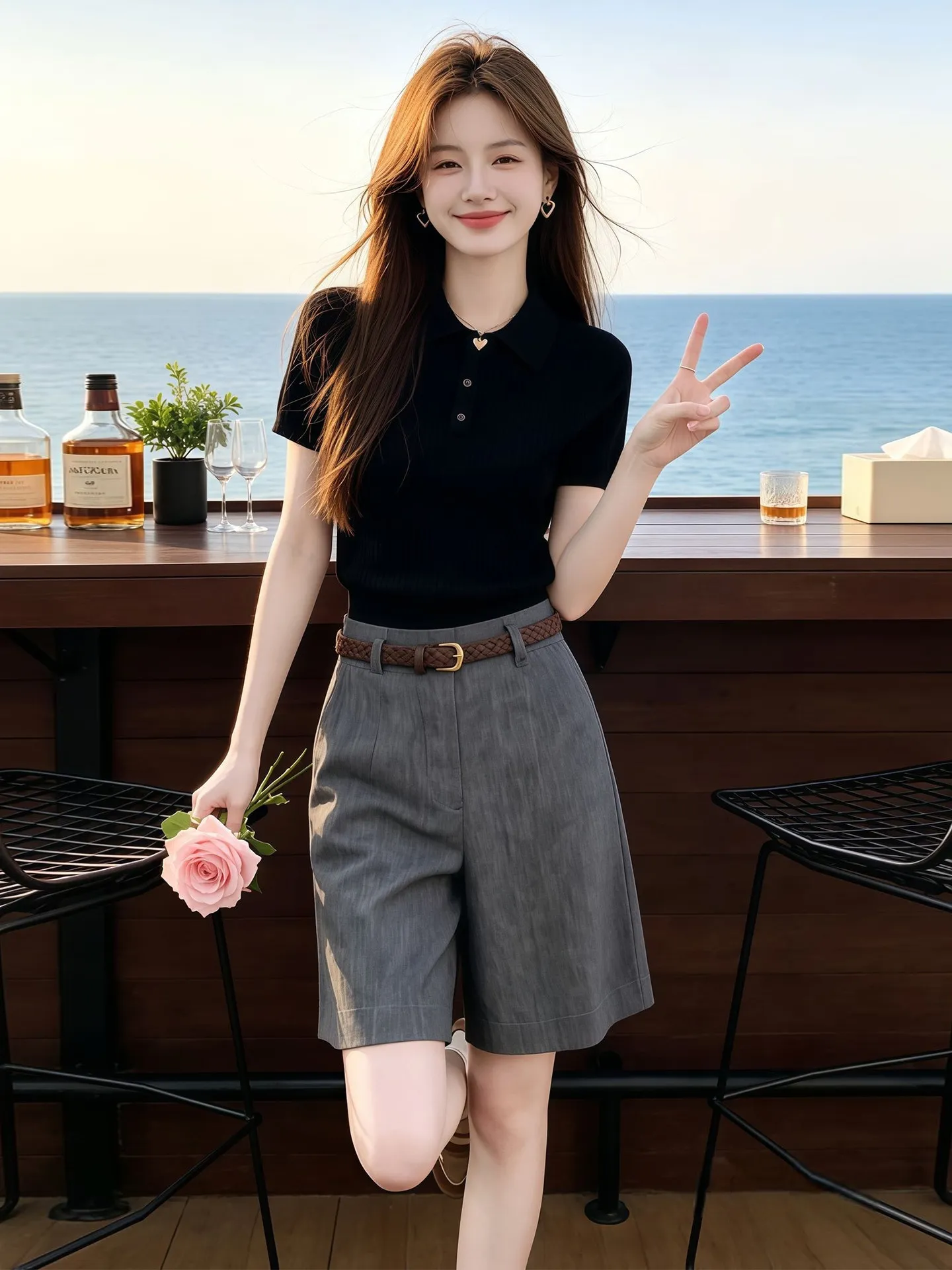 Black  Collar Knitted Button Short Sleeve T-Shirt Women's New 2026 Summer Lightweight Mature Beautiful Personality  Top