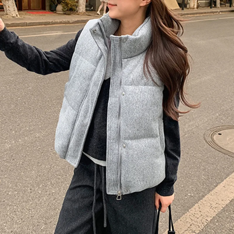 Stand Collar Zipper Vest Jacket Black Gray Waistcoat Short Down Cotton Vest Women Autumn Winter New Korean Fashion Sleeveless
