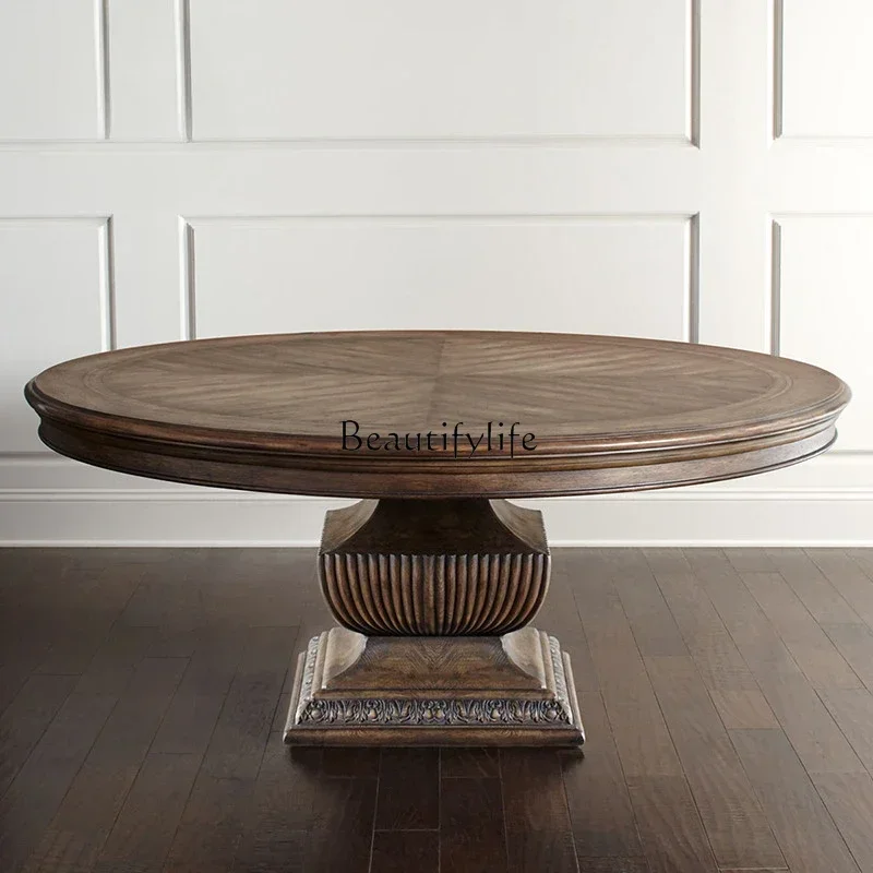 American Style Dining Table Light Luxury Solid Wood Carved round Meal French Retro Distressed Country Simple