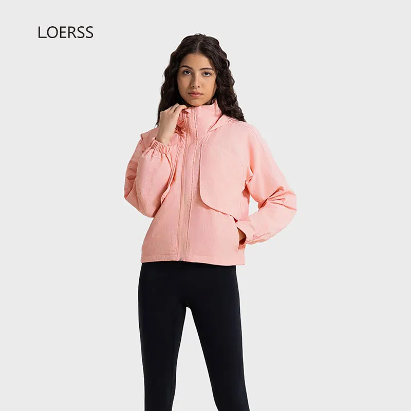 LOERSS-Jaqueta esportiva feminina com capuz, colarinho em pé, capuz impermeável, casaco para corrida, ioga, ao ar livre, casual, outono, inverno