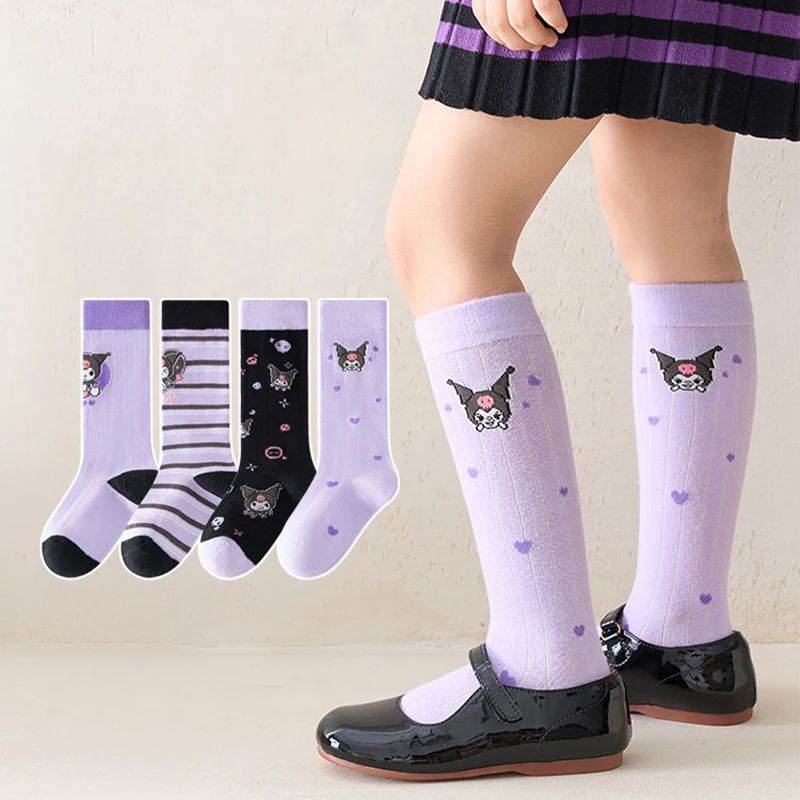 Girls' Kuromi Leg Socks Sweet Cartoon Mid-Calf Socks Korean Style Cotton 4 pairs Socks for Older Children