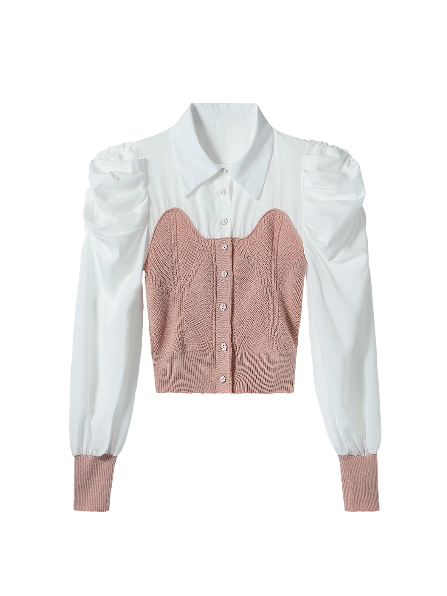 

Женские розовые вязаные лоскутные рубашки, блузки Y2k, винтажные 2000-х годов, элегантная укороченная рубашка с длинным рукавом и воротником-поло, одежда на весну и осень