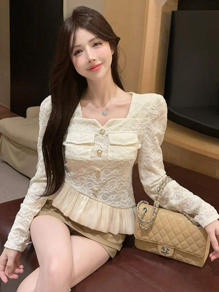 

Irregular Lace Long Sleeve Base Shirt Women's Autumn Winter Small Audience Design Sense Splice Slimming Top Ladylike Commute ...