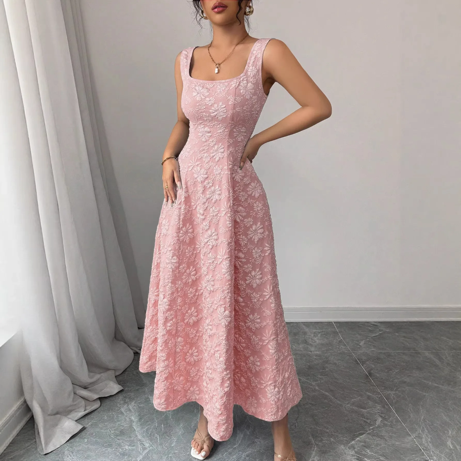 

2026 Sleeveless Tank Top Square Collar Jacquard Flower Medium to Long Large Swing Long Dress New