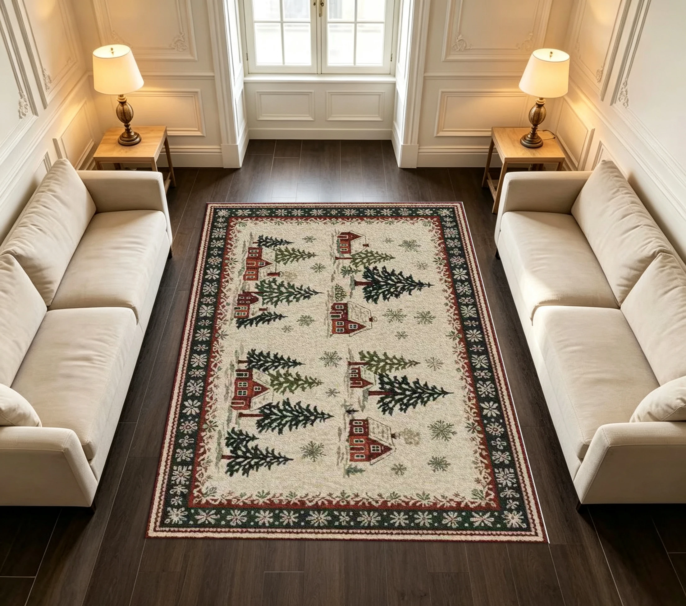 Christmas Winter Cottage Pine Tree Snowflake Vintage Non-Slip Carpet Living Room Home Decoration