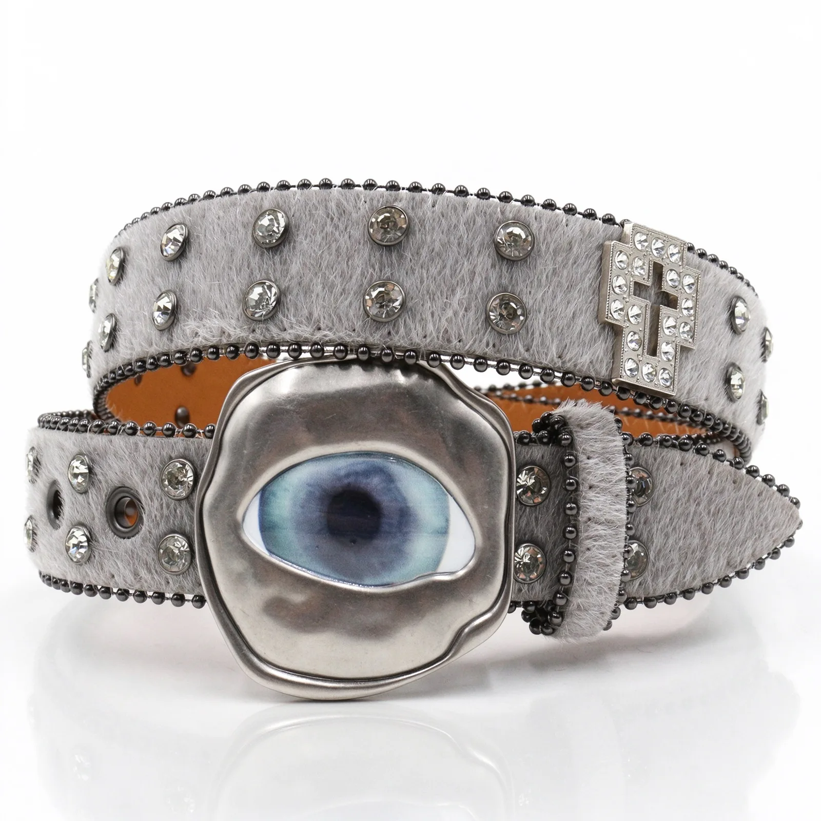 Fashion Punk Rivet Belt with Novelty Eyeball Cross Buckle Rhinestone Studded Pu Leather Waistband for Women Men Club Party Rave