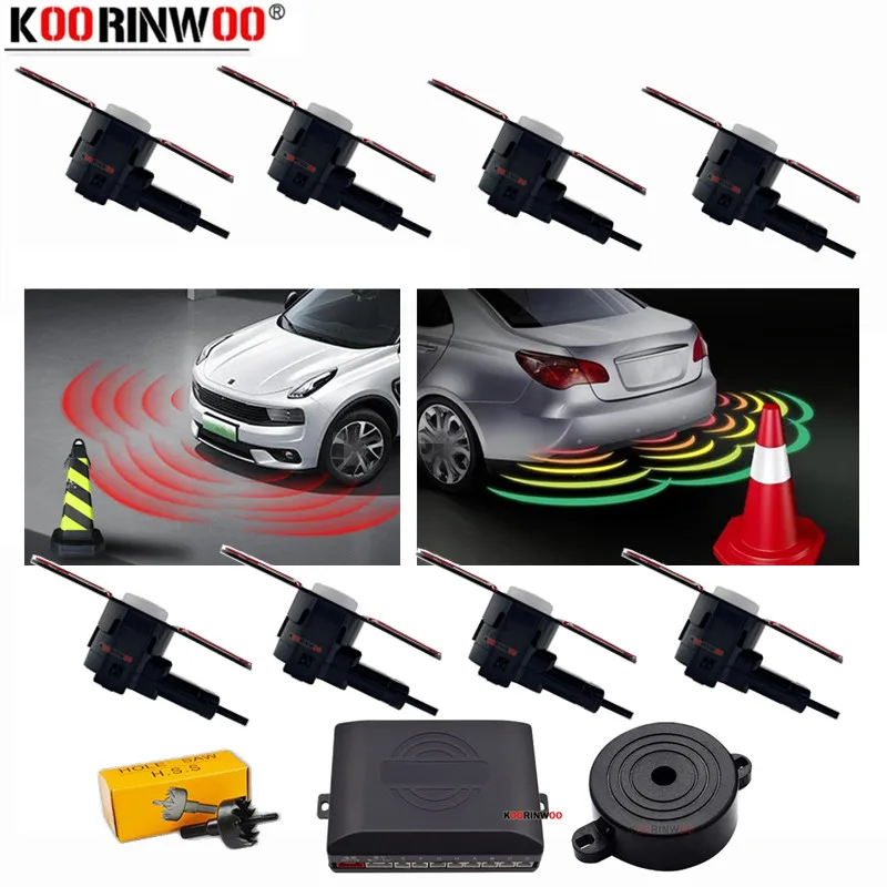 

Автомобильные датчики Koorinwoo, плоские парктроники, 4 передних + 4 задних радары, датчики парковки, зуммер, звуки, сигнализация, помощь при парковке