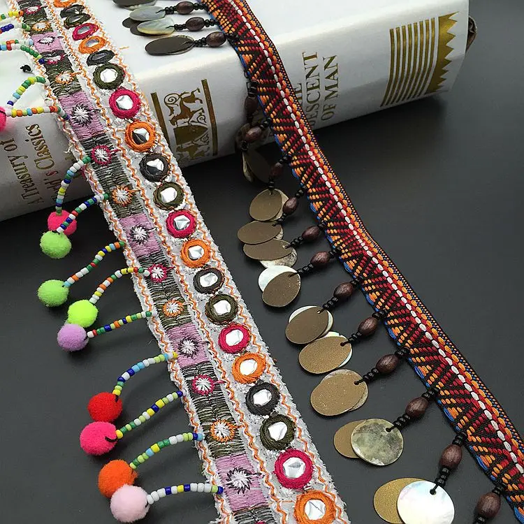 

Handmade Beaded Ethnic Jacquard Ribbon Shell Fringe Lace Trim DIY Wedding Dance Apparel Accessories