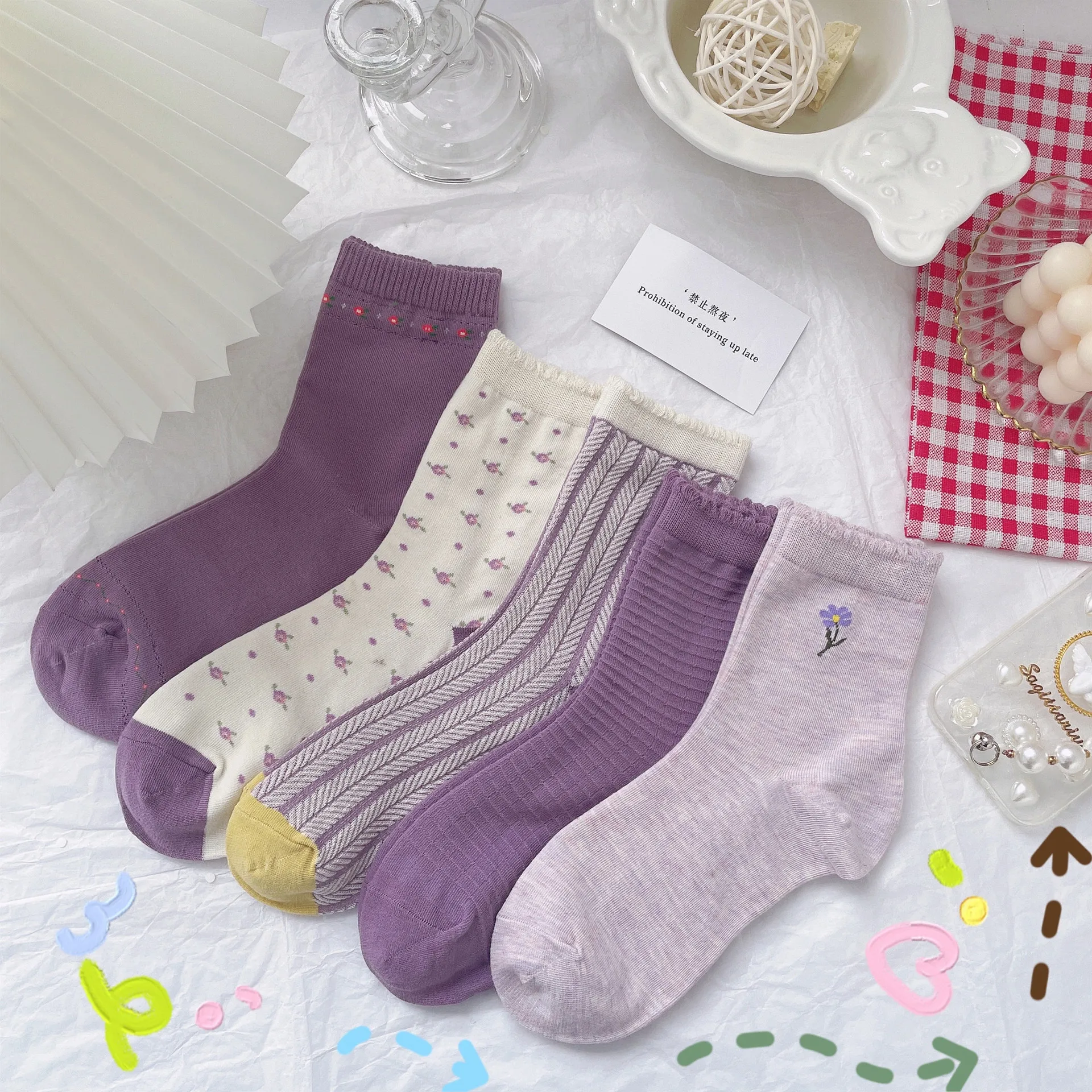 جديد وصول الربيع والخريف أرجواني أرجواني صغير الأزهار النمط الأدبي المرأة الجوارب القطنية