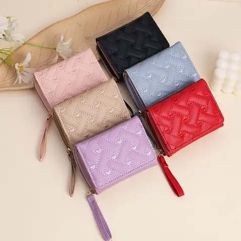 Cartera corta en forma de corazón – Monedero de piel sintética bordado con cremallera, linda cartera pequeña para mujeres y adolescentes