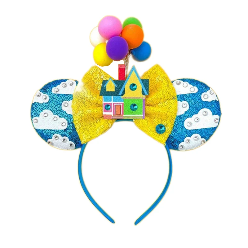 Diadema con orejas de Mickey Mouse para mujer, accesorios para el cabello, globo de Casa voladora, diademas de lentejuelas de viaje, diadema para niña, lazo para niños, eadwear