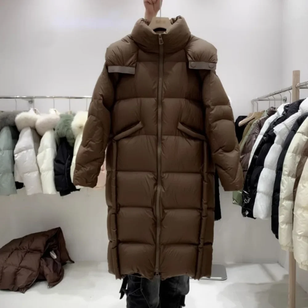 Nueva chaqueta de plumón para mujer, chaqueta acolchada larga de lujo con capucha, abrigo de plumón de pato blanco para mujer, Parkas de plumas esponjosas de invierno, abrigo para mujer