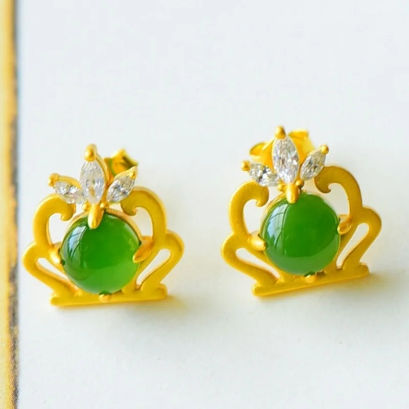 SGARIT Jadeite Hetian Jade S925 Silver Inlay 12*13mm Crown Stud Earrings Ancient Gold-Plated Craftsmanship Simple Versatile