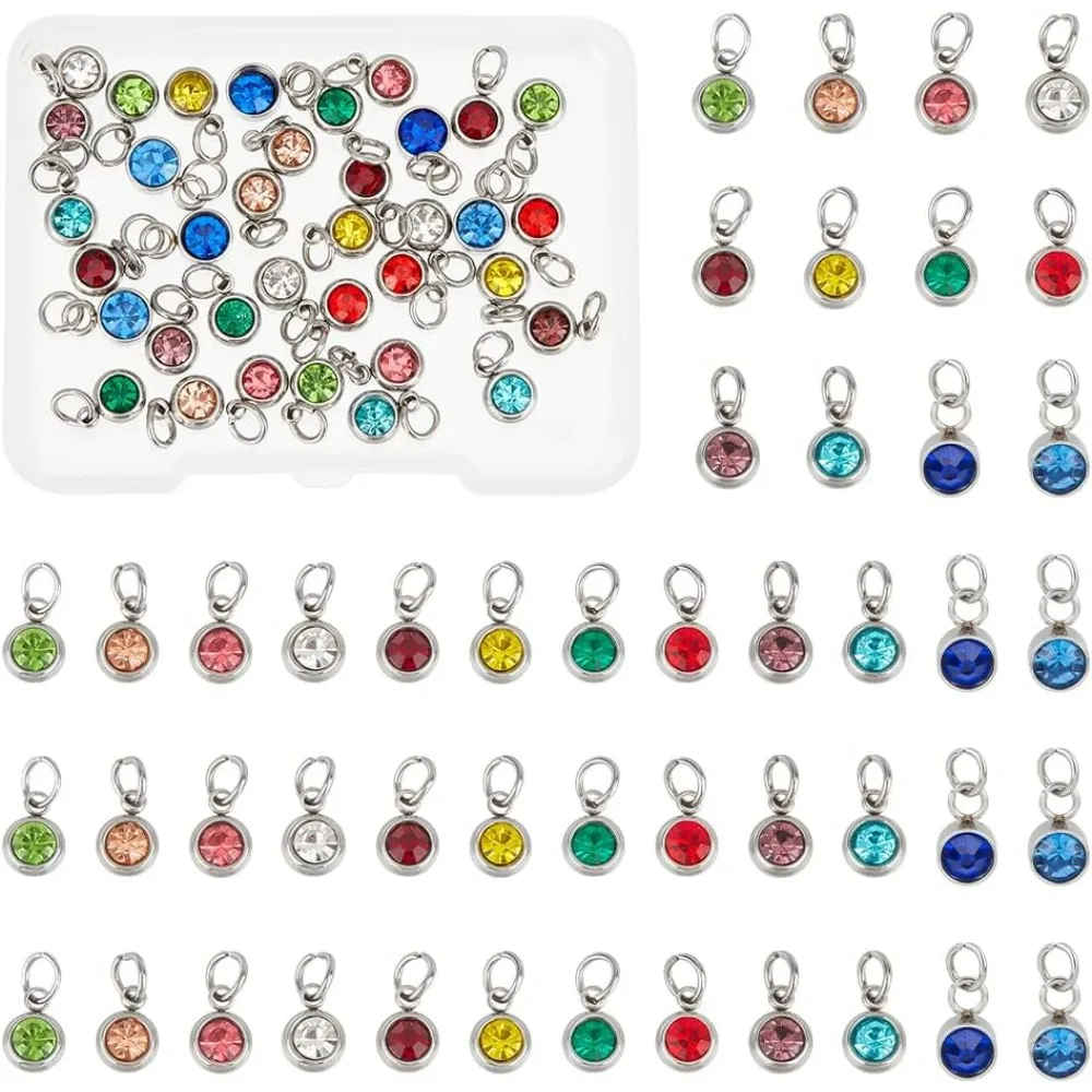

about 48Pcs 12 Colors Crystal Birthstone Pendants 11mm Rhinestone Charms Stainless Steel Crystal Charms with Jump Rings