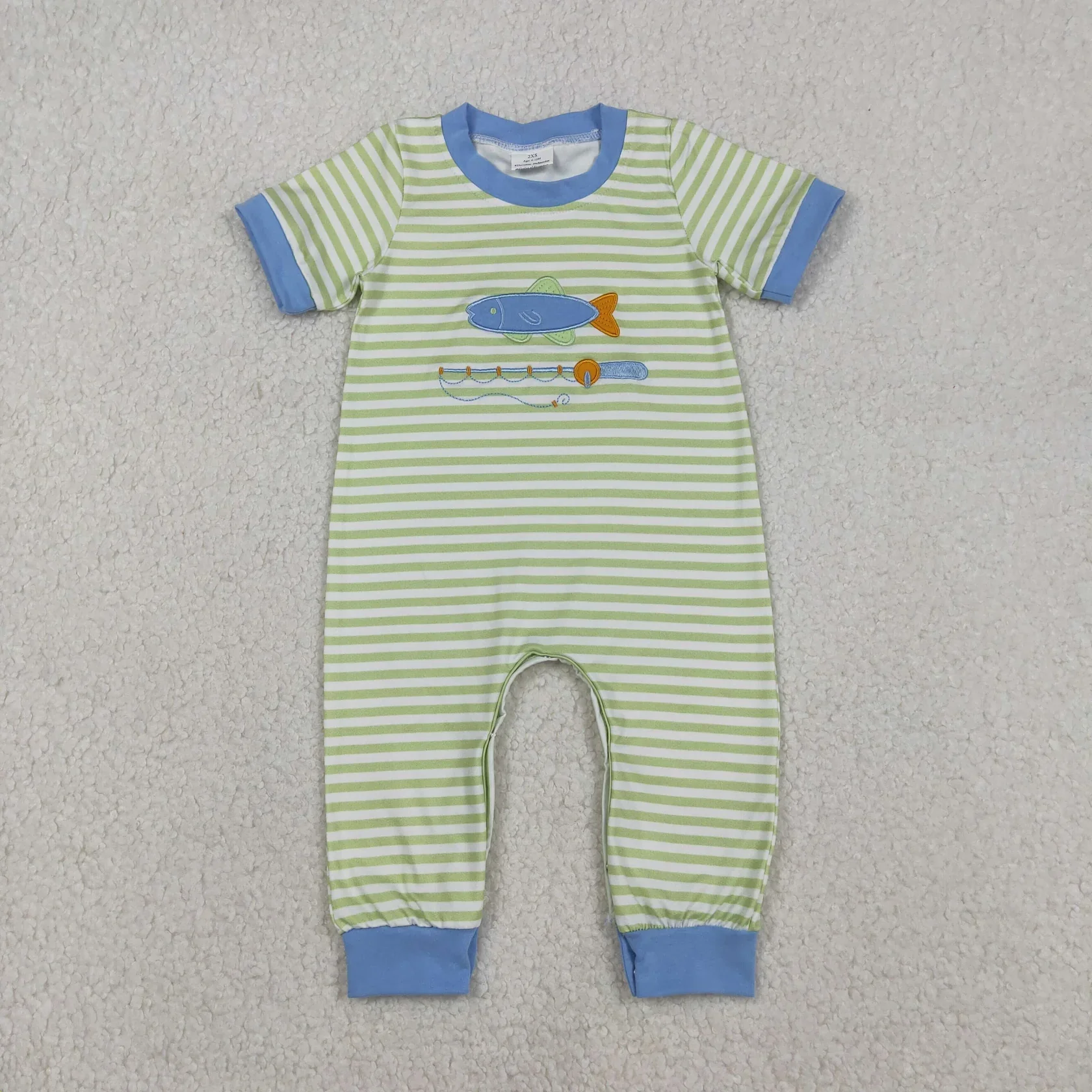 

Wholesale Kids Children Green Stripes Short Sleeves Newborn Toddler Embroidery Baby Boy Fish Romper Infant Boys Jumpsuit Clothes