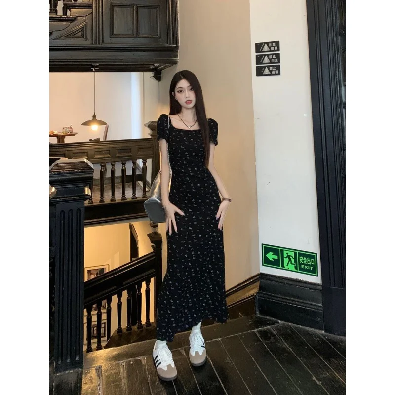 Sodazzz French Style Vintage Floral Square Collar Short Sleeve Dress Women\'s Summer Tight Waist Slit Sheath Skirt Long Dress