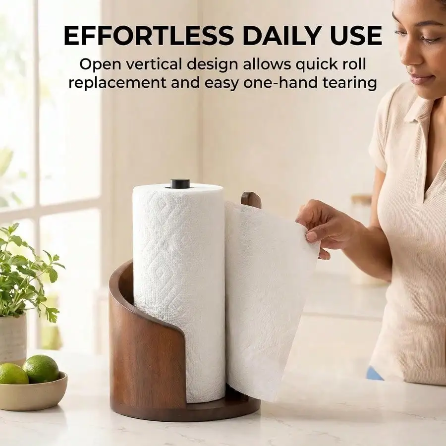Large Wooden Standing Paper Towel Holder - Countertop Paper Towel Stand For Kitchen, Holds Jumbo & Mega Rolls, Solid Wood Base, No Assembly