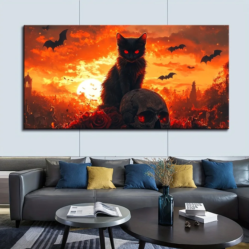 إطار من الخشب الصلب من الصنوبر السميك مقاس 1.5 بوصة، جدارية من قماش الهالوين العتيق، هيكل عظمي رعب للهالوين يقف على هيكل عظمي