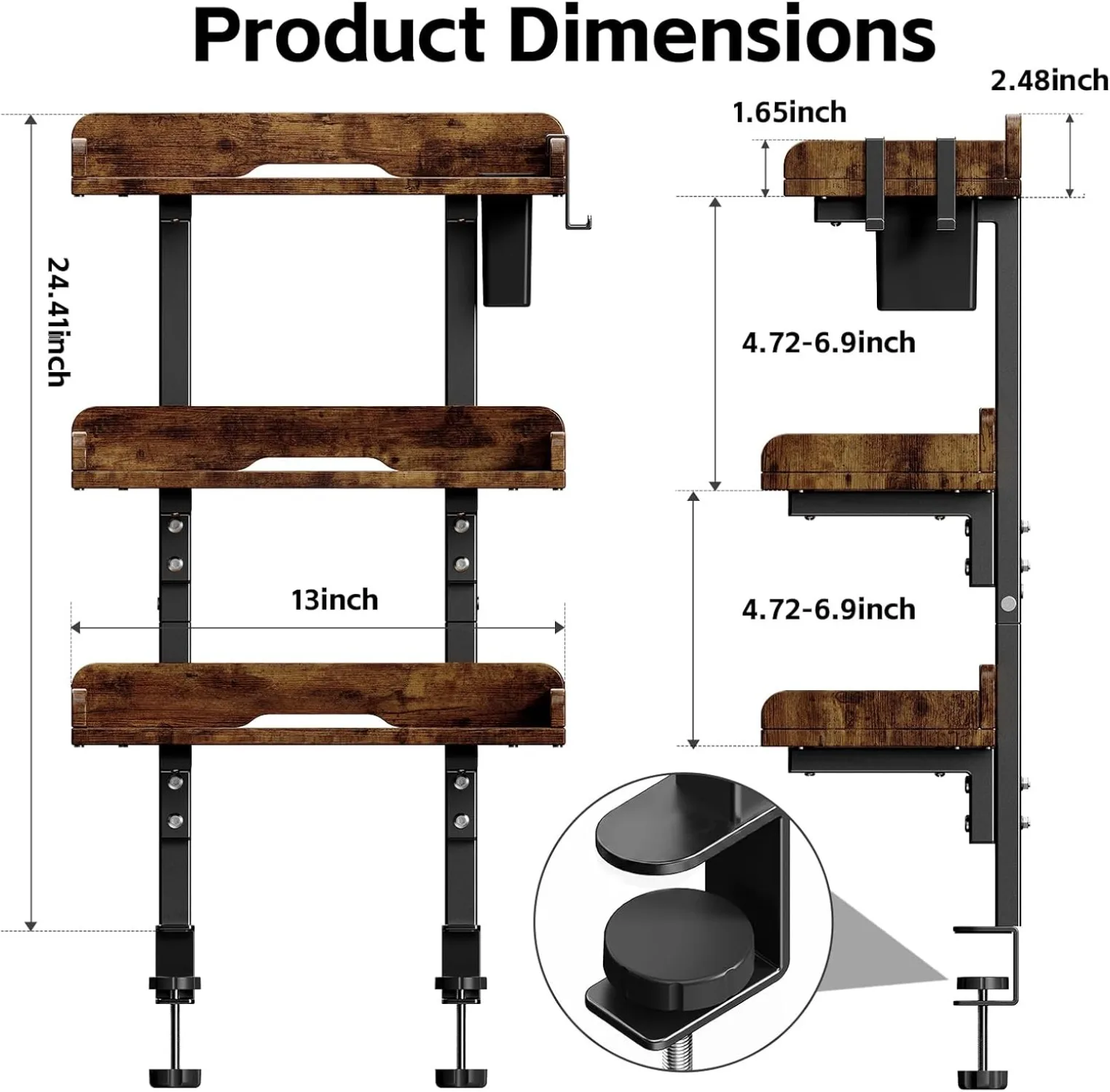3-Tier Clamp-On Desk Shelf Organizer Adjustable Height Desktop Storage Rack with Pencil Holder and Headphone Holder for Office