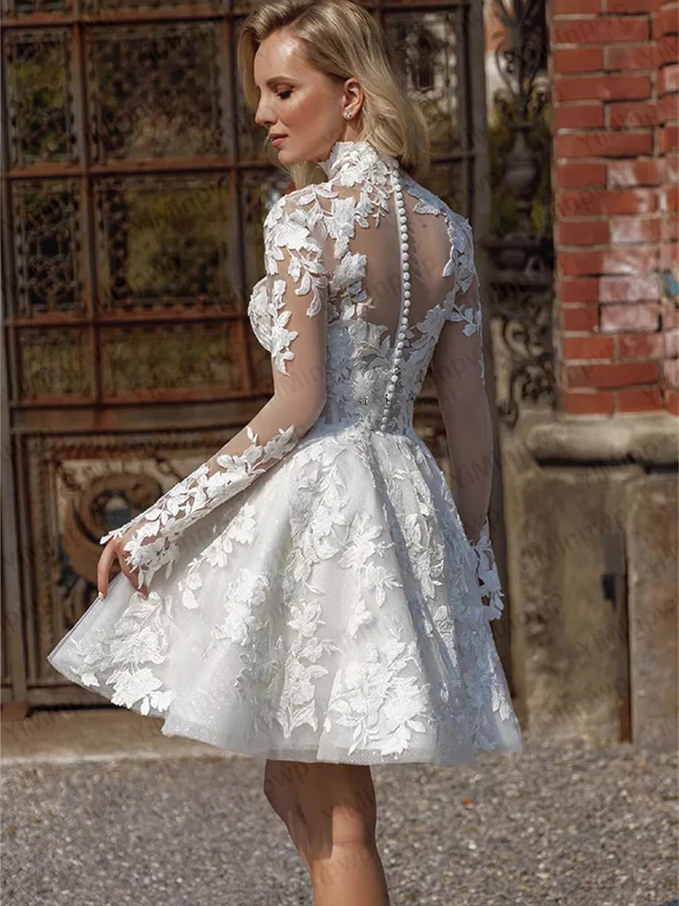 White Short Wedding Dresses High Neck Long Sleeve A Line Mini Bride Dress Appliques Button Tulle Civil Bridal Gown Customized